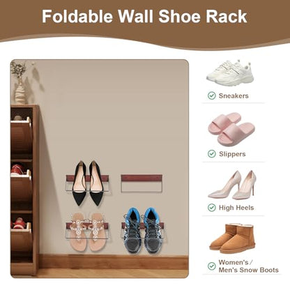 SCUNDA 2-Pack Wall Mounted Shoe Rack, Wooden & Metal Foldable Shoe Rack - Space Saving Wall Shoe Holder for Entryway, RV, Camper, Closet, Apartment, Fits Various Shoes-Brown