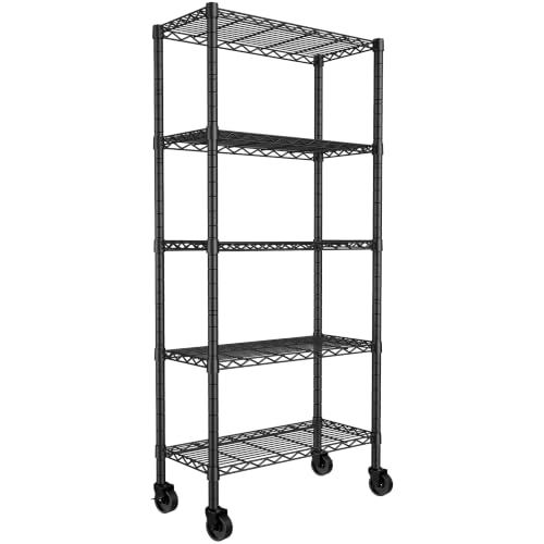 REGILLER 5-Wire Shelving Metal Storage Rack Adjustable Shelves,Standing Storage Shelf Units for Laundry Bathroom Kitchen Pantry Closet(Black,14.1" D x 30" W x 82" H,With Wheels) - color: Black, size: With Wheels 5tier 14.1"D x 30"W x 79"H