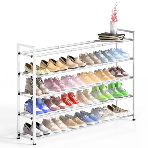Bumusty 5-Tier Long Expandable Shoe Rack for Closet, 18"-44" Adjustable Shoe Rack for Entryway, 25-30 Pairs Large Shoe Organizer Shelf Storage, Sturdy Metal, White - color: White, size: 5-tier