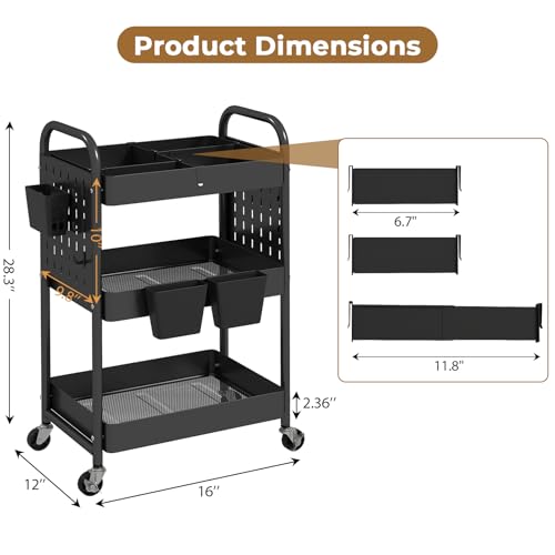 danpinera Craft Cart, Black Rolling Cart with Retractable Dividers & DIY Pegboards for Kitchen, Bedroom, Laundry - color: Black