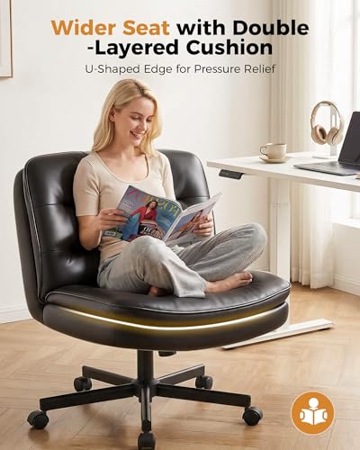 COMHOMA Cross Legged Office Chair with Wheels Armless Office Desk Chair, Modern Vanity Computer Task Chairs for Home Bedroom, Comfortable Wide Seat for Lower Back Pain Relief, PU Leahter, Black - color: Matte-black