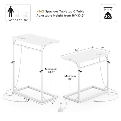 Vagusicc C Shaped End Table with Charging Station, C-Table End Table Adjustable Height Side Table for Couch, Large Couch Table, Slide Under Sofa Table TV Tray Arm Table for Living Room, Bedroom, White - color: White, style: With Plug