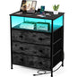 3-Drawer LED Nightstand with Charging Station, Black. | Engineered Wood and Steel, 2 AC and 2 USB ports, 24 Inch Wide, RGB App Control, Fabric Drawers, Open Storage Shelf - color: Black