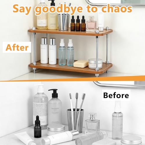 FMOACEN 2-Tier Bathroom Counter Organizer Wooden Bathroom Shelf for Makeup Skincare Perfume and Spices Countertop Organizer Shelf for Corner Vanity Coffee Station Kitchen Office and Home Decor