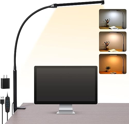 Voncerus LED Desk Lamp with Clamp, Eye-Caring Clip on Lights for Home Office, 3 Modes 10 Brightness, Long Flexible Goose-Neck, Metal, Swing Arm Architect Task Table Lamps with USB Adapter, Black - color: ‎S1 Black