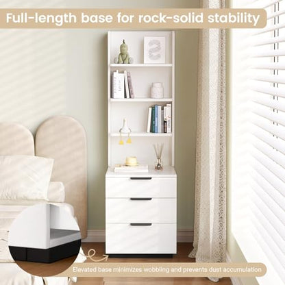 Tall Nightstand with 3 Drawers & 4 Open Shelves, Modern Bedside Table with Storage, Multifunctional Narrow Night Stand, Space-Saving End Tables for Bedroom, Small Spaces, White