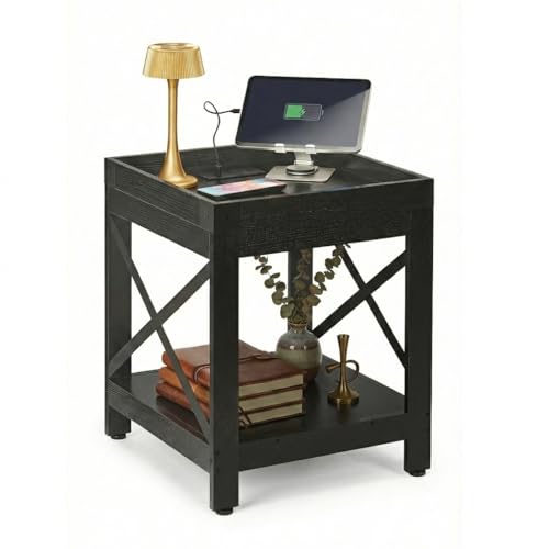 Farmhouse Side Table with Charging Station,2-Tier Square End Table | 2-Tier Shelf Modern Sofa Couch Table Bedside Nightstand With X-Frame for Living Room Bedroom Office Small spaces,Black - color: Black, style: With Outlets