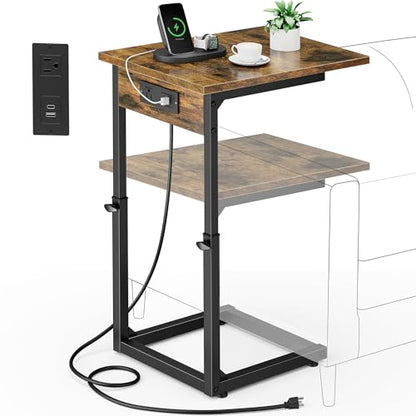 Vagusicc C Shaped End Table with Charging Station, 33"Tall Side Table for Couch, C-Table End Table Adjustable Height Side Table,Slide Under Couch Table TV Tray Table for Sofa,Living Room,Bedroom,Brown - color: Rustic Brown, style: Charging Station