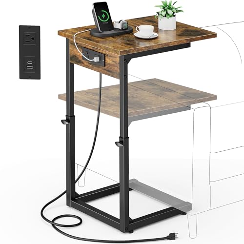 Vagusicc C Shaped End Table with Charging Station, 33"Tall Side Table for Couch, C-Table End Table Adjustable Height Side Table,Slide Under Couch Table TV Tray Table for Sofa,Living Room,Bedroom,Brown - color: Rustic Brown, style: Charging Station
