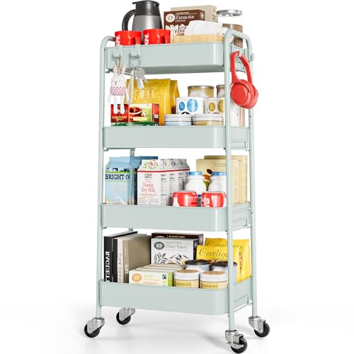 TOOLF 4 Tier Metal Rolling Cart, Utility Storage Cart with Wheels, Green | Screwless Assembly, Lockable Metal Wheels, Trolley Organizer for Bathroom, Kitchen, Office, Dorm, Laundry, Craft Room - color: Green, size: 4-Tier