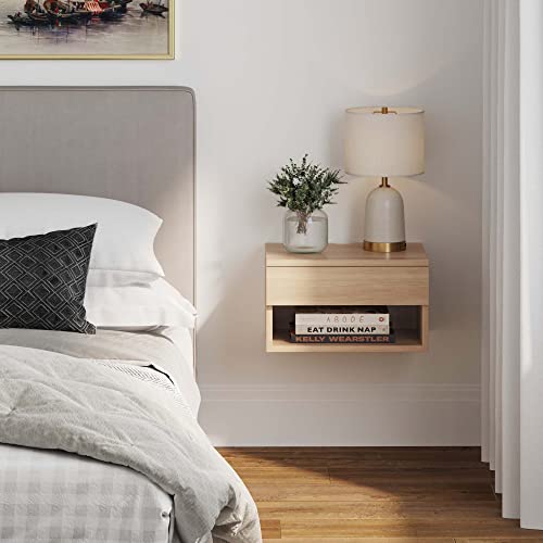 Nathan James Jackson Wall Mounted Floating Bedroom Nightstand with Storage Drawer and Modern Open Shelf Cubby, Light Oak Wood - color: Light Oak, size: 1