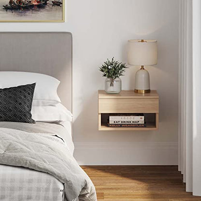 Nathan James Jackson Wall Mounted Floating Bedroom Nightstand with Storage Drawer and Modern Open Shelf Cubby, Light Oak Wood - color: Light Oak, size: 1
