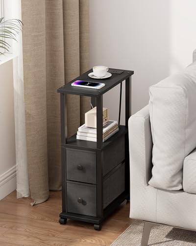 TUTOTAK Small Narrow End Tables, Side Tables with 2 Fabric Drawers, Set of 2, Bedside Tables with Charging Station for Small Spaces, Slim Nightstands with USB Ports and Wheels, TB01BK053 - color: Black, style: with Outlets