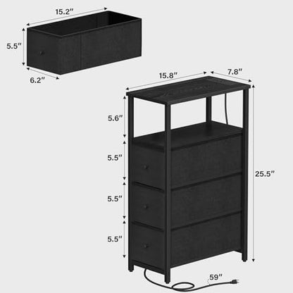 TUTOTAK Narrow Night Stand with Charging Station, Slim End Table | Tall Side Table with 3 Fabric Drawer, Small Bedside Table with Storage, Living Room, Bedroom, Black TB01BK086 - color: Black, size: 1 Pack (3 Drawers), style: With Plug