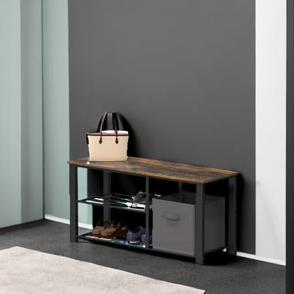 Simple Houseware 2 Tier Shoes Bench with Wood Top and Storage Bins, Rustic Brown - color: Rustic Brown, size: 35"