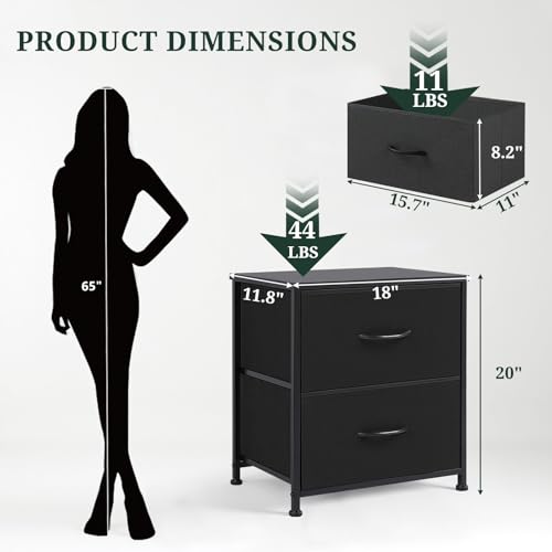 Nightstand Set of 2 Upgraded Small 2 Drawer Dresser End Table | Bedside Furniture, Wooden Top Fabric Bins for Bedroom, Closet, Entryway, Dorm, 11.8" D x 18" W x 20", Black - color: Black