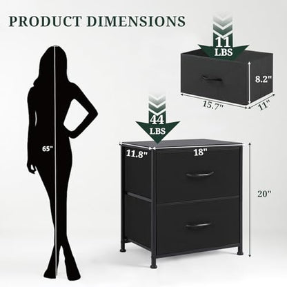 Nightstand Set of 2 Upgraded Small 2 Drawer Dresser End Table | Bedside Furniture, Wooden Top Fabric Bins for Bedroom, Closet, Entryway, Dorm, 11.8" D x 18" W x 20", Black - color: Black