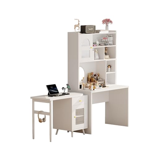 Bellemave Computer Desk with 90 Degree Rotating Desktop, 43x70 Inch Home Office Desk with Drawer and Storage Cabinets, Gaming Desk with Shelves, Writing Desk for Study (White) - color: White