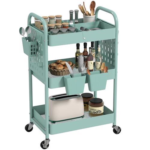 danpinera Rolling Cart, Movable Utility Organizer with Retractable Dividers & Pegboards for Kitchen, Bathroom, Office - color: Green