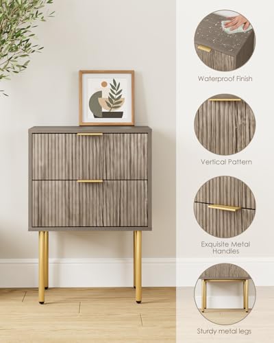 Nightstand,Small Bedside Table with Gold Frame,Grey Night Stand,Bedside Furniture,Side Table with 2 Drawers for Bedroom,Living Room (2Drawers, Grey) - color: Grey, style: 2Drawers