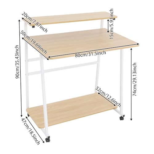 3 Tiers Rolling Computer Desk, 31.5 Inch Home Office Desk with 4 Wheels & 4 Foot Pads, Mobile Small Computer Desk, Student Study Table for Small Space Bedroom (White+Log Color) - color: White+log Color