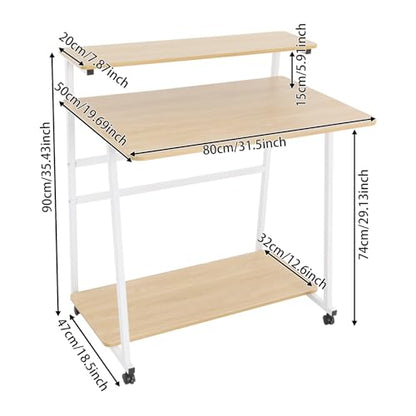 3 Tiers Rolling Computer Desk, 31.5 Inch Home Office Desk with 4 Wheels & 4 Foot Pads, Mobile Small Computer Desk, Student Study Table for Small Space Bedroom (White+Log Color) - color: White+log Color