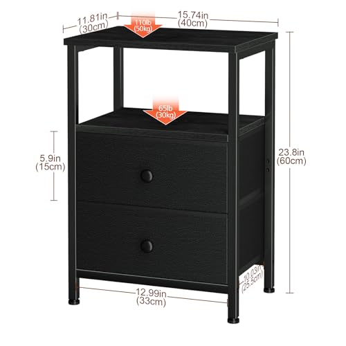 Night Stand, Black Nightstands Set of 2 for Bedroom | Small Bedside Table with 2 Fabric Drawers, End Tables Living Room, Bed Side Table with Open Storage Shelf - color: Black