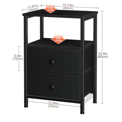 Night Stand, Black Nightstands Set of 2 for Bedroom | Small Bedside Table with 2 Fabric Drawers, End Tables Living Room, Bed Side Table with Open Storage Shelf - color: Black