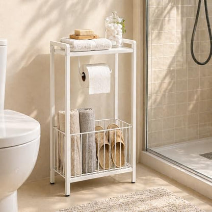 Bathroom Toilet Paper Holder Stand with Storage Basket and Top Shelf, Free-Standing Toilet Tissue Organizer for Small Bathrooms, Metal Toilet Paper Rack with Magazine Holder – White - color: White