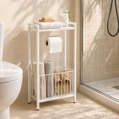 Bathroom Toilet Paper Holder Stand with Storage Basket and Top Shelf, Free-Standing Toilet Tissue Organizer for Small Bathrooms, Metal Toilet Paper Rack with Magazine Holder – White - color: White