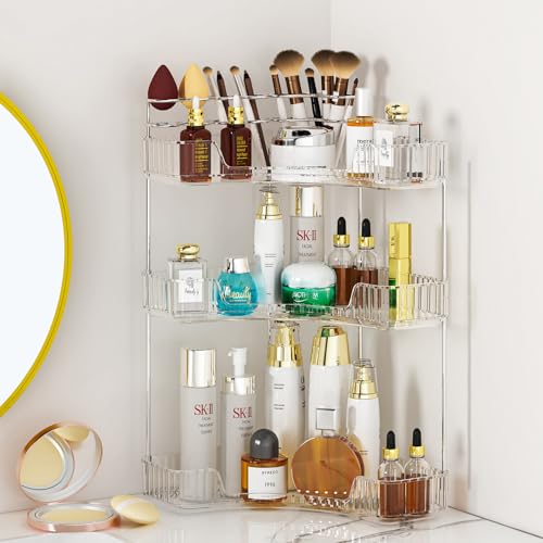 SUNZOS 3-Tier Corner Bathroom Counter Organizer, Bathroom Organizer Countertop with Makeup Brush Holder, Vanity Makeup Cosmetic Storage, Corner Storage for Kitchen, Dresser - color: Clear, size: 3 Tier