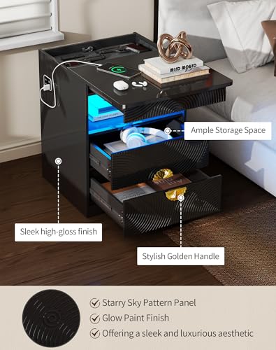 LED Nightstand with Gun Drawer, Modern Bedside Table with 3-Color Lights & Human Sensor, Smart Night Stand with Charger Station, 2 Drawers End Table for Bedroom, Black - color: New-modern Black