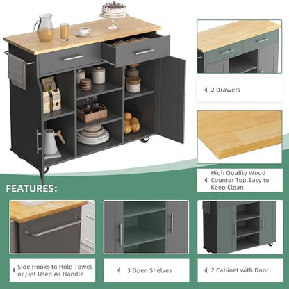 Shintenchi Kitchen Island with Storage, Kitchen Island Cart on Wheels with 3 Open Shelves, 2 Drawers and 2 Cabinets, Rolling Kitchen Table with Large Countertop, Gray - color: Silver