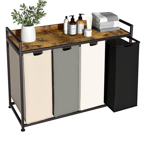 Herture Laundry Hamper with Shelf, Laundry Basket 4 Section, Laundry Sorter with Pull-Out Removable Large 4 Color Bags and Movable Wheels, Metal Frame, 4 x 15.87 Gallons (60L), Rustic Brown PF07XLN - color: Rustic Brown + 4-Color, size: 4 Bags-240 L