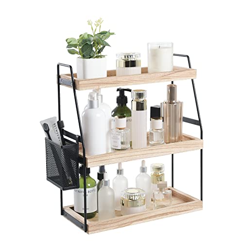Bathroom Counter Organizer, 3-Tier Standing Storage Shelf with Basket, Wood Tray for Skincare Vanity Organizer - style: 3 Tier Brown