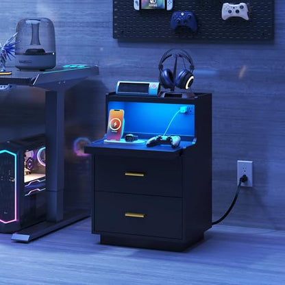 Yusong LED Nightstand Bedside Table with Charging Station 2 Drawers, Modern Sofa Couch End Side Table with LED Lights and Pull-Out Shelf for Bedroom, Black - color: Black 003