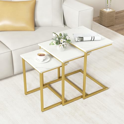 GOFLAME Nesting Coffee Tables Set of 3, Rectangular Nesting Center Table with Faux Marble Top & Metal Frame, Modern C-Shaped Nested Side Table Set for Living Room, Bedroom, Gold & White - color: Gold & White