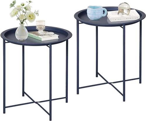 VECELO Side/End Table, Folding Round Metal Anti-Rust and Waterproof Outdoor or Indoor Tray for Living Room Bedroom Balcony and Office, 2 PCS, Blue - color: Blue, size: 2 PCS