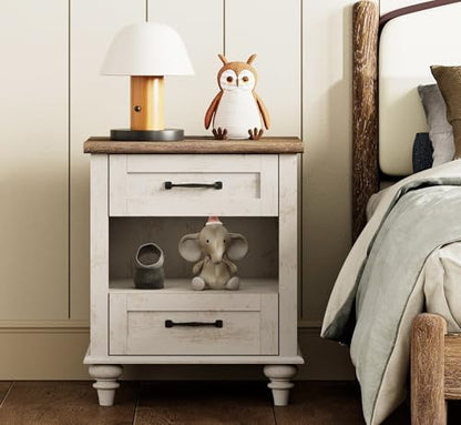 WAMPAT Side Table Nightstand with Charging Station & 2 Drawers, Farmhouse End Table for Living Room, Retro Night Stand Light Wood Bedside Table for Bedroom, Antique White - color: Antique White