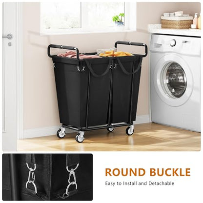 Gewudraw 2 Bag Laundry Hamper with Wheels Medium Size, 250L, Black | Rolling Laundry Basket, Steel Frame, Removable Liner, Heavy Duty Rolling Laundry Cart with Handle for Laundry Room, Bathroom - color: Black, size: 2-Section-250L