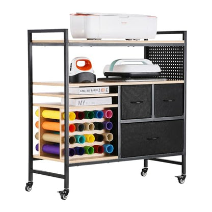 VEVOR Rolling Craft Cart and Storage Table, Compatible with Cricut Machines, Crafting Table Organization Workstation, Craft Rolling Storage Organizer with 20 Vinyl Roll Holders and 3 Drawers, Black
