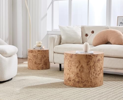 EALSON Nesting Coffee Tables Set of 2 Farmhouse Small Round End Tables Modern Wood Circle Side Table Drum Table for Living Room Small Spaces Bedroom Balcony, No Assembly, Natural Burl - color: Natural Burl