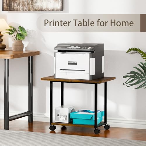 MARTY 22"x15.75" Large Printer Stand Under Desk, Rolling Cart Printer Table | 2 Tier Rolling Printer Cart with Wheels, Storage Shelf, Fit Printer/Fax/3d/Scanner, For Home Office Dorms, Heavy Duty, Brown - color: Rustic Brown