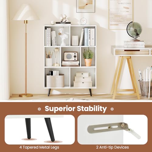 Giantex 7-Cube Bookcase, 3-Tier Modern Bookshelf with 4 Metal Legs, 31.5" Freestanding Open Storage Organizer with 2 Anti-tip Devices, Mid-Century Display Rack for Living Room (31.5" x 9.5" x 42") - size: 31.5" x 9.5" x 42"