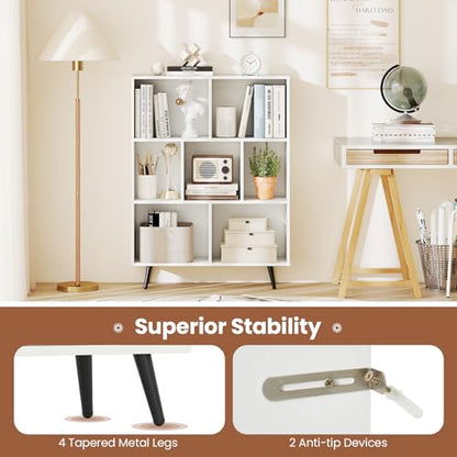 Giantex 7-Cube Bookcase, 3-Tier Modern Bookshelf with 4 Metal Legs, 31.5" Freestanding Open Storage Organizer with 2 Anti-tip Devices, Mid-Century Display Rack for Living Room (31.5" x 9.5" x 42") - size: 31.5" x 9.5" x 42"