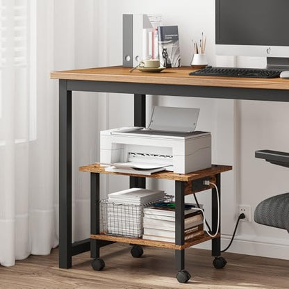 TUTOTAK Printer Stand, 2 Tier Rolling Printer Cart with Charging Station | Small Under Desk Printer Table with Wheels for Small Space, Office, Home, Brown PS01BB001P - color: Brown, size: 2 tier(18.9 x 11.8 x 15.4inchs)