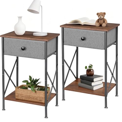 VECELO Night Stand Set of 2, Nightstand for Apartment, Dorm End Table for Small Spaces, Wood Side Table for Living Room, Bedside Table with Drawer for Bedroom, Easy Assembly, Rustic Brown - color: Rustic Brown, size: set of 2