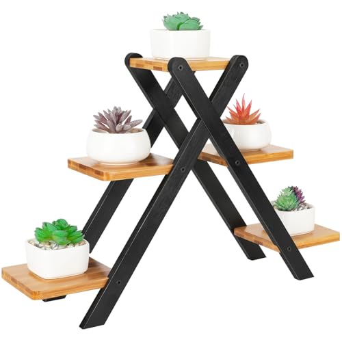 Jotsport Multi-Tier Bamboo Plant Stand for Mini Succulents Windowsill Plant Shelf Tabletop Kitchen Small Planter Pots Display Stand