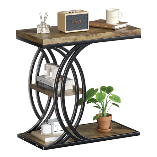 C Shaped End Table, Bed Side Table, 3-Tier Side Table with Metal Frame, Wood End Table with Storage for Living Room, Couch, Sofa, Bedroom, Easy Assembly, 23.6" D*11.8" W*23.6" H, Rustic Brown