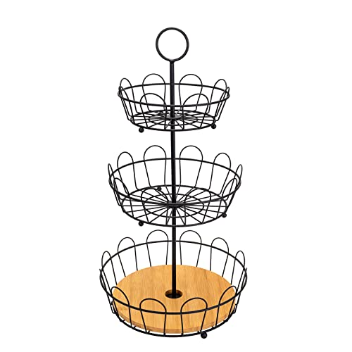 HANZE 3-Tier Farmhouse Fruit Basket Stand, Wire Fruit Vegetables Countertop Storage Rack, Multifunctional Detachable Bread Snack Holder Bowl for Kitchen and Bathroom Organization - Black - color: 3-Tier(Black)